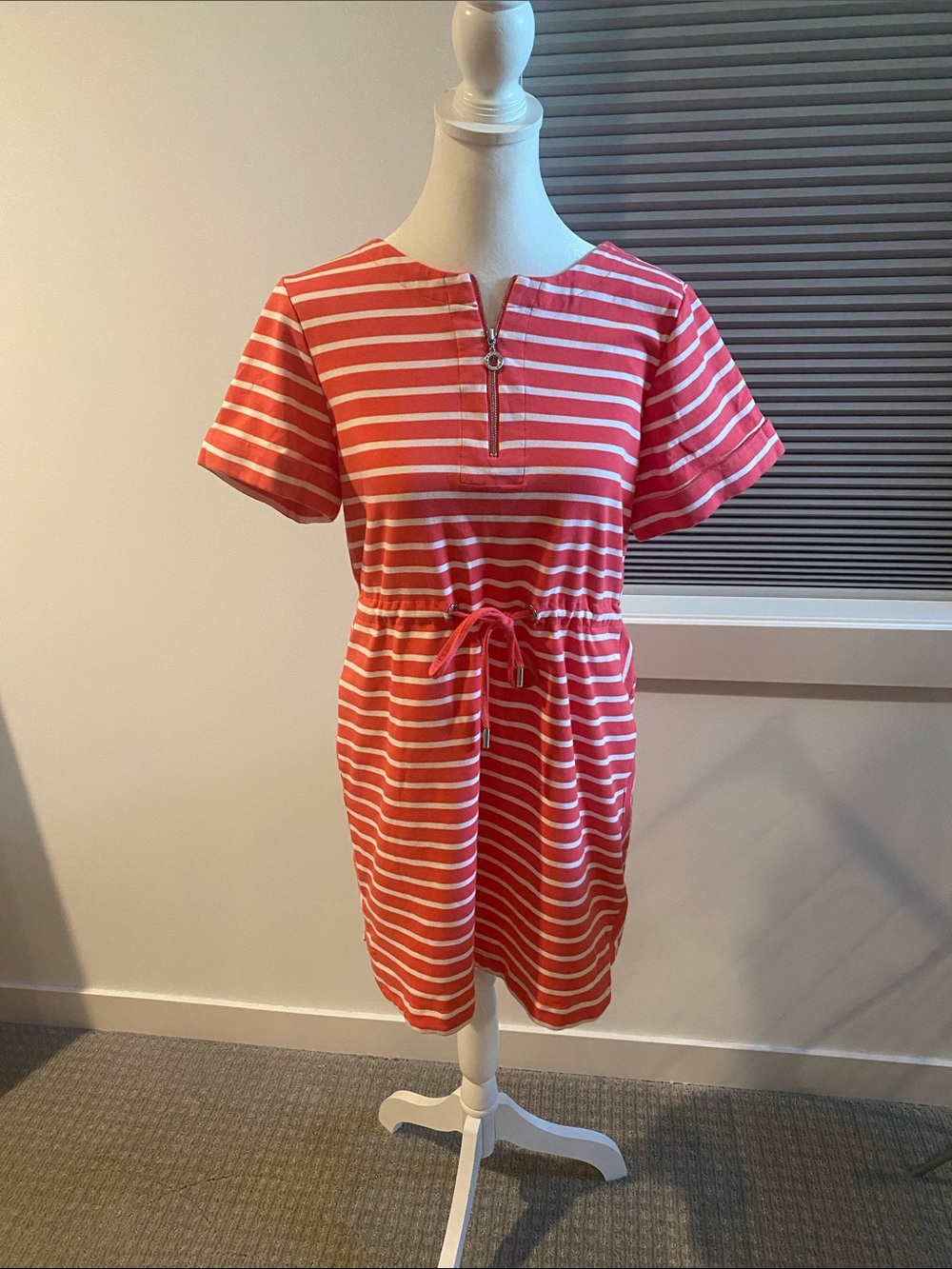 Tommy Bahama Coral and White Striped Drawstring Short Sleeve Dress
